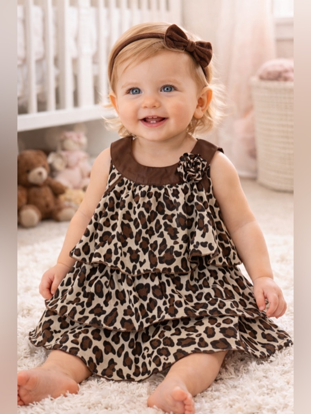 Healthtex Leopard Print Baby Dress 18M | Tiered Ruffle Animal Print Brown Accent